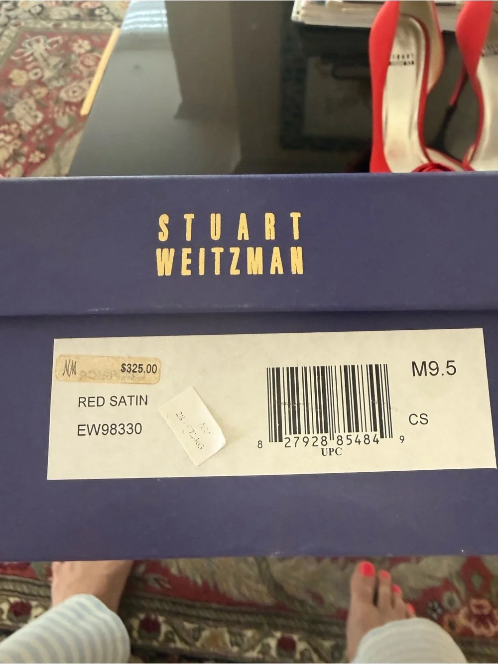 Stuart Weitzman Red Satin Peep-Toe Pumps with Rosette